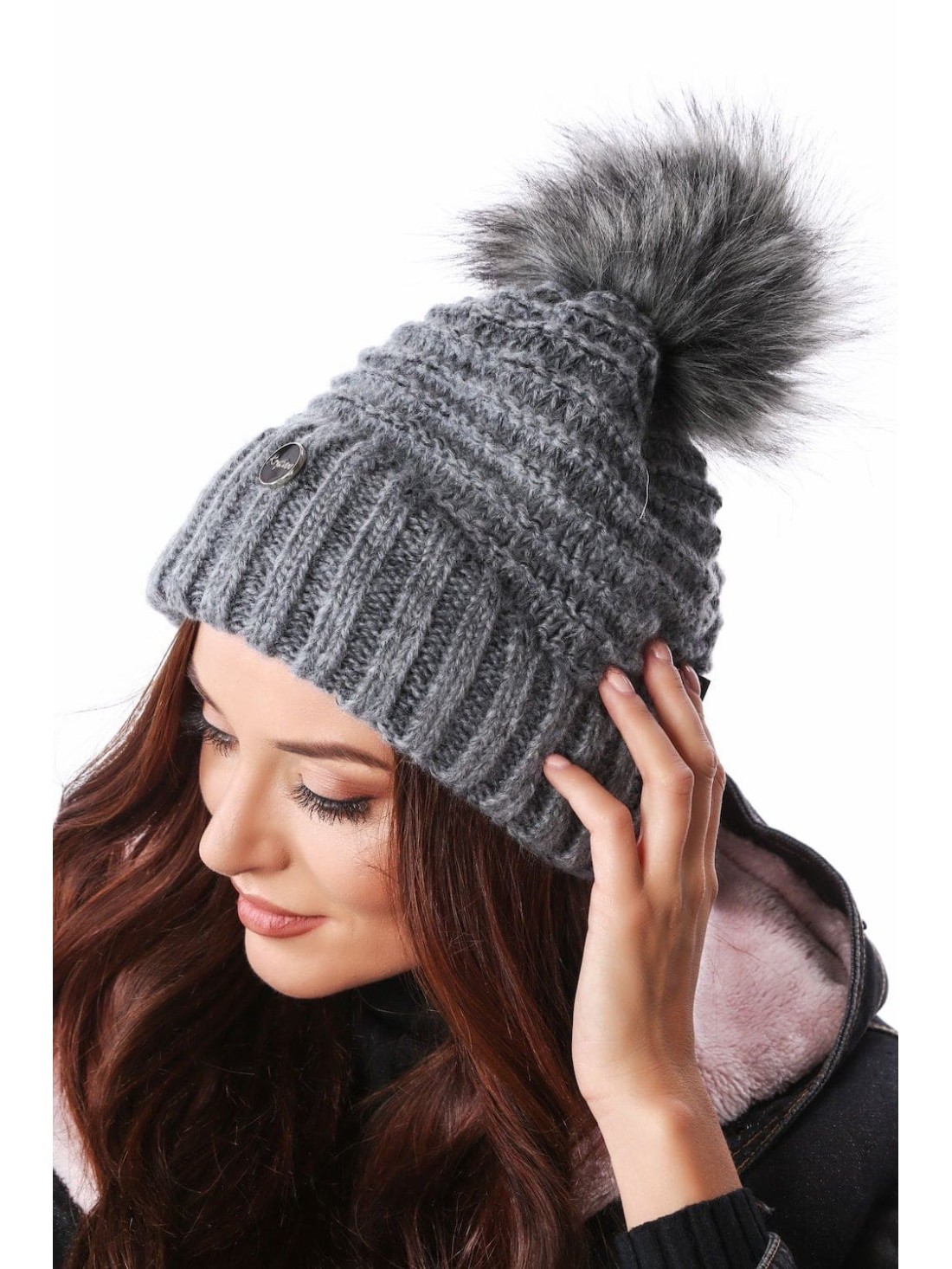 Winter hat with a cuff, graphite C32 - Online store - Boutique